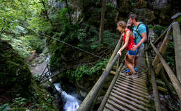 Waterfall and wooden walkways at the Kesselfallklamm gorge
