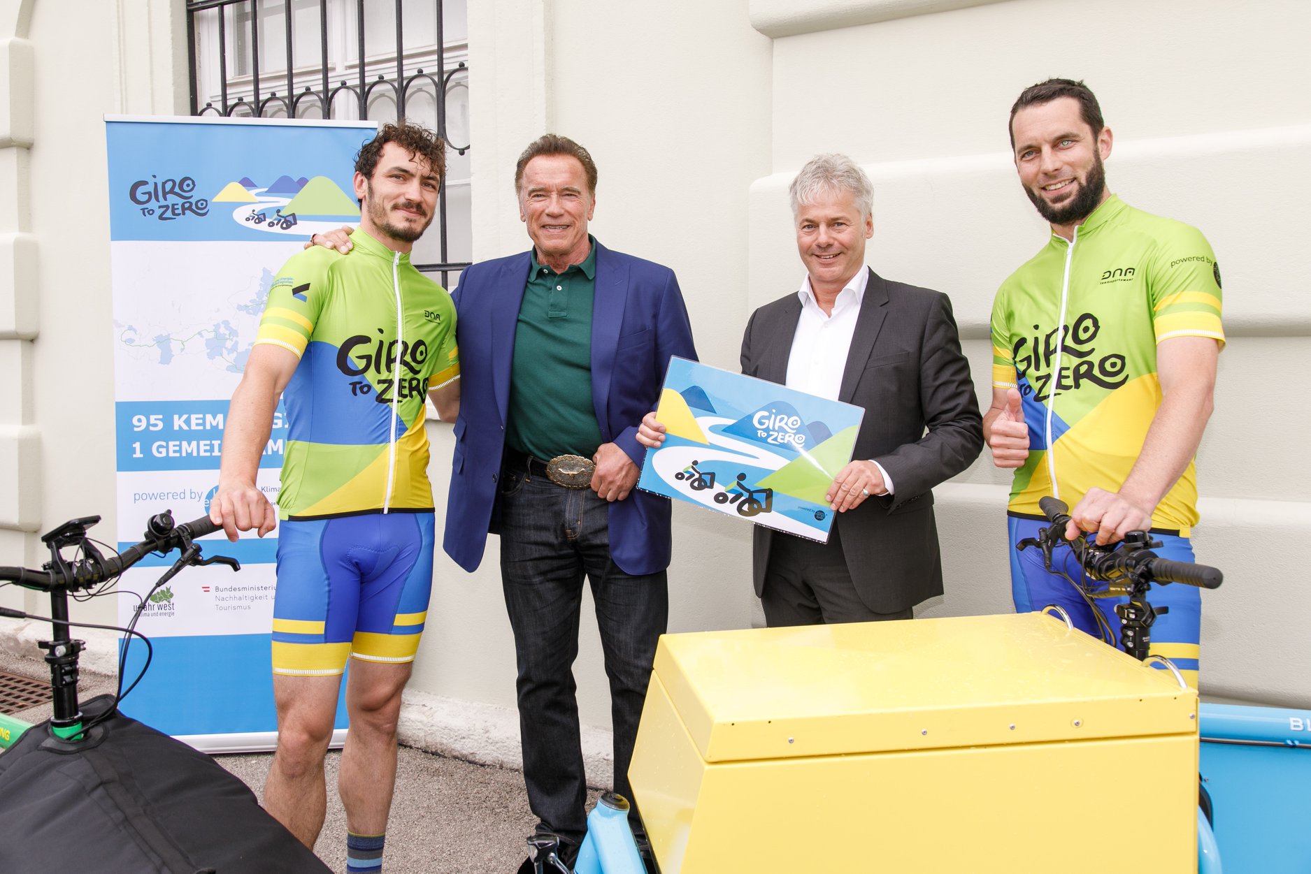 Energy cyclist with Arnold Schwarzenegger / Source: Climate and Energy Fund